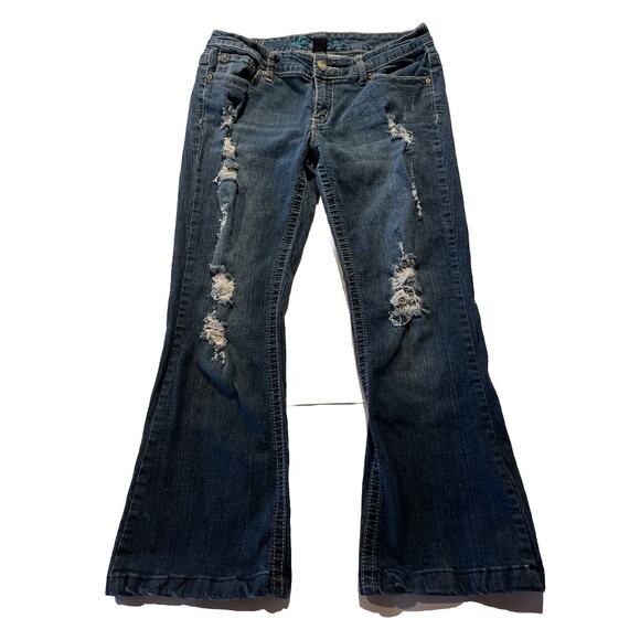 Ariya Jeans Women’s 11/12 Blue Boot Cut Denim Flap Pockets 29x27 Distressed - Picture 1 of 13